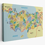 Komşulu İl ve İlçe Detaylı Türkiye Haritası, Harita Dekoratif Kanvas Tablo, Duvar Dekoru 3018