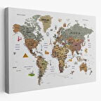 Eğitici Detaylı Sembollü İngilizce Dünya Haritası Dekoratif Kanvas Tablo, Duvar Dekoru 3225