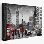 İngiltere Londra Kırmızı ve Siyah Ton Yağlıboya Görünüm Dekoratif Kanvas Tablo, Duvar Dekoru 3543