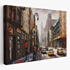 Yağlıboya Görünüm Sarı Taksi ve NewYork Sokakları Dekoratif Kanvas Tablo, Duvar Dekoru 3550