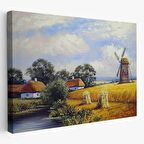 Buğday Tarlası Ve Değirmen Doğa Yağlıboya Görünüm Dekoratif Kanvas Tablo, Duvar Dekoru 3556