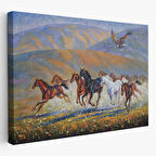 Yağlıboya Görünüm Kartal ve At Sürüsü Dekoratif Kanvas Tablo, Duvar Dekoru 3600