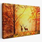 Yağlıboya Görünüm Ormandaki Geyikler ve Sonbahar Dekoratif Kanvas Tablo, Duvar Dekoru 3643