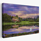 Yağlıboya Görünüm Göl Kıyısındaki Orman Evi Dekoratif Kanvas Tablo, Duvar Dekoru 3678