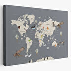 Hayvan ve Uçak Temalı Öğretici İngilizce Dünya Haritası Dekoratif Kanvas Tablo, Duvar Dekoru 3698