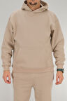 Erkek Bej Oversize Kapüşonlu Sweatshirt 3 iplik Şardonlu Kanguru Cepli