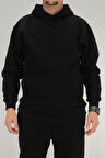 Erkek Siyah Oversize Kapüşonlu Sweatshirt 3 iplik Şardonlu Kanguru Cepli