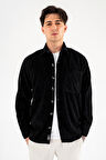Erkek Kadife Gömlek Siyah Rahat Kesim Uzun Kollu Tek cepli