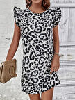 SUPPLİERBY Kadın Kısa Kollu Kolları Fırfır Detay Arkası Bağlamalı Leopar Desen Kolsuz Mini Mikro Elbise