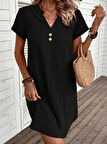 SUPPLİERBY Kadın Kısa Kollu V Yakalı Düğmeli Müslim Kısa Elbise