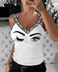 SUPPLİERBY Kadın çapraz şeritli Göz Baskılı Viskon Bluz