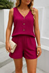 SUPPLİERBY Kadın Askılı Kolsuz V Yakalı önden Düğmeli Bürümcük Bluz Ve Short Ikili Takım