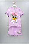 İSOB Lila Daisy Desenli Kolları Fırfırlı %100 Pamuk Kız Çocuk Kısa Kollu Şortlu Takım 3-12 Yaş 23302-L