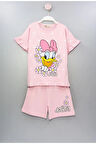İSOB Pembe Daisy Desenli Kolları Fırfırlı %100 Pamuk Kız Çocuk Kısa Kollu Şortlu Takım 3-12 Yaş 23302-P