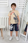 İSOB Bej Örümcek Adam Desenli %100 Pamuk Erkek Çocuk Kısa Kollu Şortlu Takım 3-12 Yaş 24409-BE