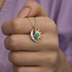 Supertrend Gümüş Opal Mavi Taşlı Ay Güneş Kadın Kolye