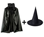 Siyah Yakalı Pelerin ve Siyah Cadı Şapkası Seti Çocuk Boy