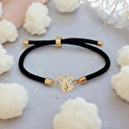 Özel Mevlana Figürlü Siyah Örgülü ve 14 Ayar Altın Plakalı Ş Bilekliği