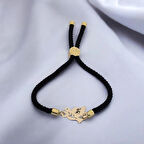 Çekici Bir Dokunuş Sunan Siyah Örgülü Kuş Motifli ve 14 Ayar Altın Plakalı Ş Harfi Bilekliği