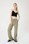 Kadın Haki Keten Karışımlı Bol Kesim Pantolon