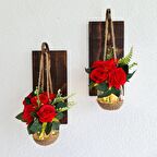 Duvar Dekoru, Led Işıklı, Kırmızı Gül Çiçekli, Ceviz Aplik İkili Set