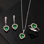Gümüş Yeşil Taşlı Kalpli Kadın Set