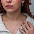 Gümüş Mavi Taşlı Gold Çiçek Kadın Set