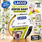 Lacco Çift Taraflı Köpük Bant 15 mm x 25 m Güçlü Yapışkanlı Montaj Bandı Çok Amaçlı Beyaz 1 Adet