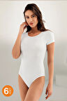 Kadın Beyaz 6 Lı Paket Bisiklet Yaka Çıtçıtlı Body MB860-BY