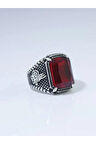 925 Ayar Gümüş Pençe Model Tuğra Desenli Kristal Kesim Kırmızı Taşlı Erkek Yüzük