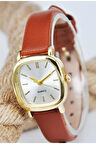 Gold Renk Oval Kasa Kahverengi Deri Kordonlu Genç Kız Kadın Kol Saati STA--1170