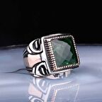 STİLLOVE ​Gümüş Kare Fasetli Yeşil Taşlı Erkek Yüzük