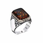 STİLLOVE ​Gümüş Sıkma Kehribar Taşlı Kare Erkek Yüzük