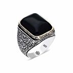 STİLLOVE ​Gümüş Desenli Siyah Zirkon Taşlı Kare Erkek Yüzük