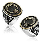 STİLLOVE Gümüş Göktürkçe alfabesi Yazılı Ay Yıldız Erkek Yüzük