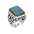 STİLLOVE Gümüş Turkuaz Zirkon Taşlı Kare Erkek Yüzük