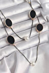 STİLLOVE Pirinç Siyah Renk Zincir İnci Detaylı Çoklu Kadın Kolye