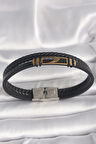 316L Çelik Gold Renk Kanat Aksesuarlı Siyah Burgu Model Deri Kordon Erkek Bileklik SL10915