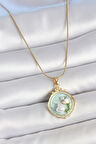 316L Çelik Gold Renk Zincir Turkuaz Mineli İncili Çiçek İşlemeli Portre Model Kadın Kolye SL11685