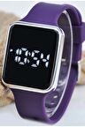 Mor Renk Silikon Kordonlu Gümüş Kasa Led Dokunmatik Unisex Kol Saati Su-684