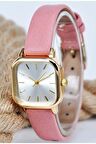 Minimal Kare Altın Kasa Pembe Deri Kordon Kadın Kol Saati Su-736-001