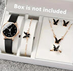 Şık Ve Çekici Kelebek Detaylı Kadın Kol Saat Ve Takı Seti (KOLYE, KÜPE, BİLEKLİK, YÜZÜK) Kutusuz