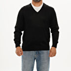 Erkek Siyah Basic Dinamik Fit Rahat Kesim Triko V Yaka Kazak