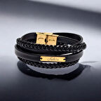 Görkemli Siyah Deri Örgülü, 14 Ayar Altın Plakalı ve Dikdörtgen Motifli Şahin Bilekliği