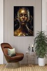 Dikey Kanvas Duvar Tablosu Tekli Salon Mutfak Yatak Odası Ofis Gold Efekt Siyahi Kadın Portre