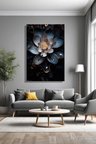 Dekoratif Dikey Kanvas Tablo Tekli Ev Kafe Ofis Koyu Fonda Altın Detaylı Mavi Lotus Nilüfer 2010