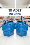 10 Adet - 28 Litre Plastik Market Alışveriş Sepeti Saplı Dayanıklı Market Mağaza El Sepeti Mavi