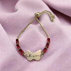 Kelebek Figürlü 14 Ayar Altın Plakalı Şık Kırmızı Taşlı Şeyma Bilekliği