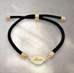 Büyülü Siyah Örgülü ve Yuvarlak Figürlü 14 Ayar Altın Plakalı Şeyma Bilekliği