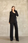 Kadın Siyah Yandan Bağlamalı Blazer Ceket Pantolon Takım